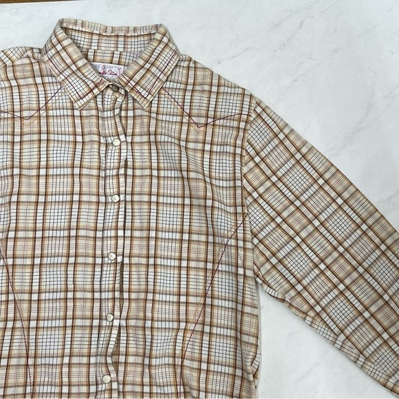 Panhandle Slim Beige White Plaid Snap Button Western Shirt Size Medium - Picture 3 of 5